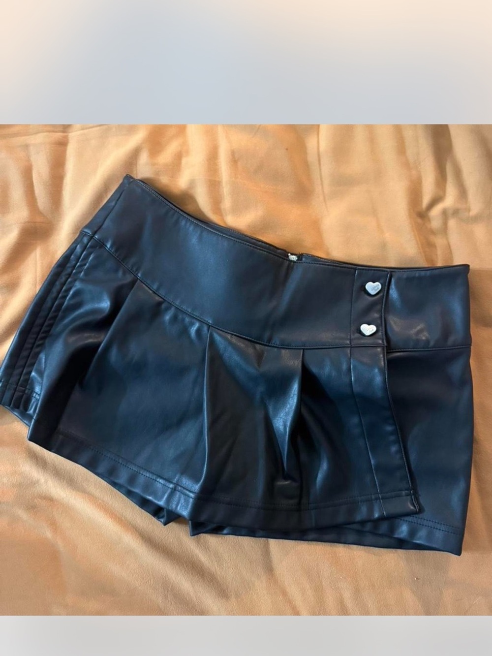 Celebrity Pink Black Faux Leather Pleated Skort with Heart Buttons